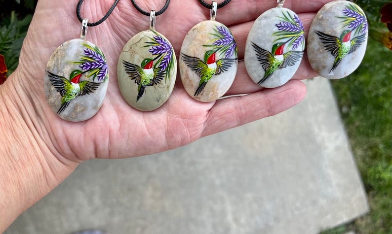 Hummingbird necklace, Painted pebble rock, Nature stone jewelry, Summer accessory, Colorful wildflower, Bird pendant, Garden lover gift image 7