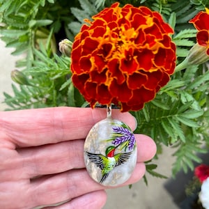 Hummingbird necklace, Painted pebble rock, Nature stone jewelry, Summer accessory, Colorful wildflower, Bird pendant, Garden lover gift image 6