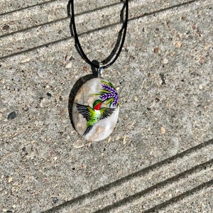 Hummingbird necklace, Painted pebble rock, Nature stone jewelry, Summer accessory, Colorful wildflower, Bird pendant, Garden lover gift image 10