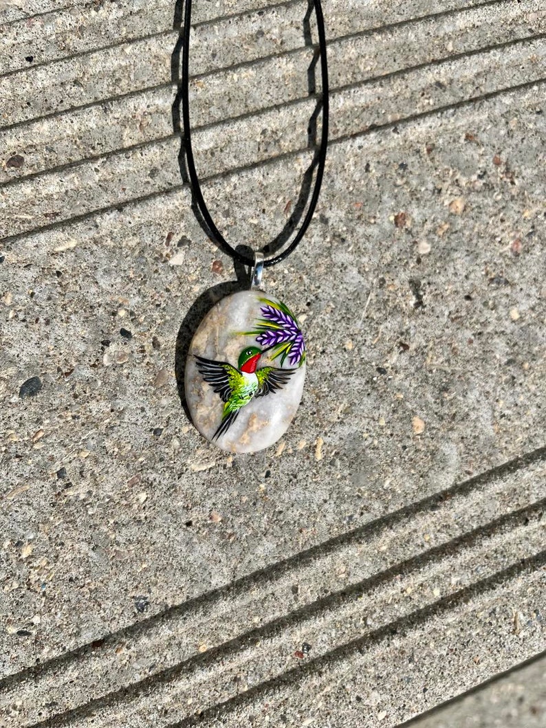 Hummingbird necklace, Painted pebble rock, Nature stone jewelry, Summer accessory, Colorful wildflower, Bird pendant, Garden lover gift image 10