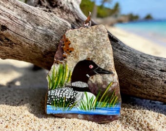 Hand-Painted Loon Agate Pendant: Wildlife Art Necklace