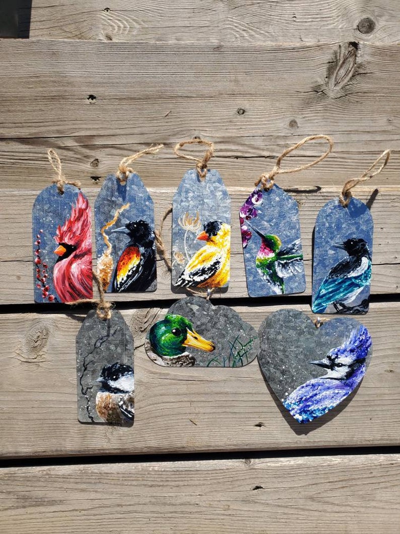 Bird ornaments, Garden decor, Hand painted metal, Holiday home decor, Christmas decorations, Rustic wall hanging, Animal paintings image 2