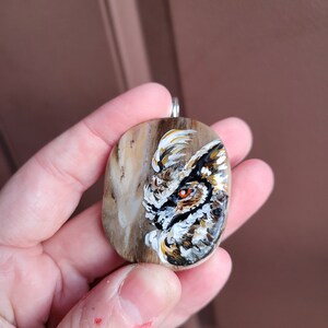 Owl necklace, Owl gift, Hand painted rock, Earth tone, Spirit animal, Rustic boho jewelry, Petrified wood, Nature necklace image 4