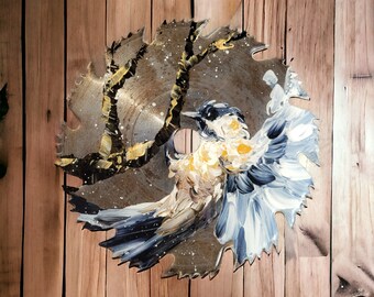 Chickadee art, Bird artwork, Garden decor, Painted saw blade, Upcycled gift, Outdoorsy gift, Country wall art, Mixed media art, Rustic metal