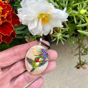 Hummingbird necklace, Painted pebble rock, Nature stone jewelry, Summer accessory, Colorful wildflower, Bird pendant, Garden lover gift image 5