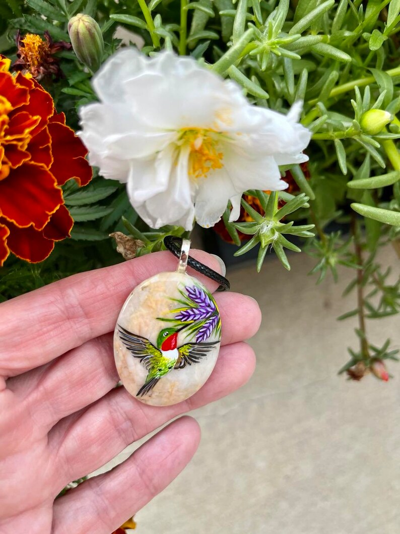 Hummingbird necklace, Painted pebble rock, Nature stone jewelry, Summer accessory, Colorful wildflower, Bird pendant, Garden lover gift image 5