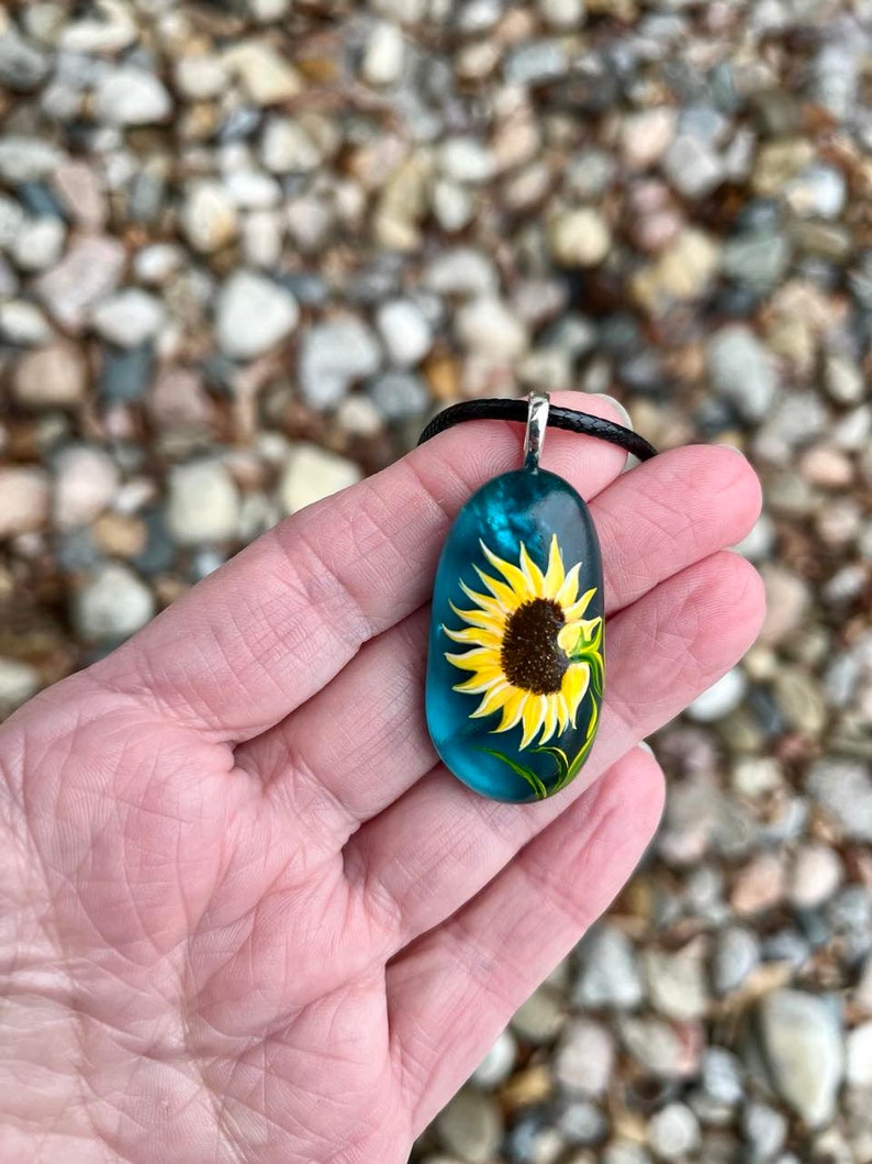 Sunflower necklace, Floral accessory, Sea glass jewelry, Hand painted pendant, Garden gift, Cottagecore fashion, Nature lover gift image 6