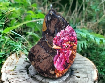 Chicken ornament, Rooster painting, Hand painted rock, Fossilized wood, Crystal geode, Rustic kitchen, Primitive decoration, Cottagecore art