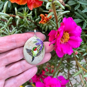 Hummingbird necklace, Painted pebble rock, Nature stone jewelry, Summer accessory, Colorful wildflower, Bird pendant, Garden lover gift image 9