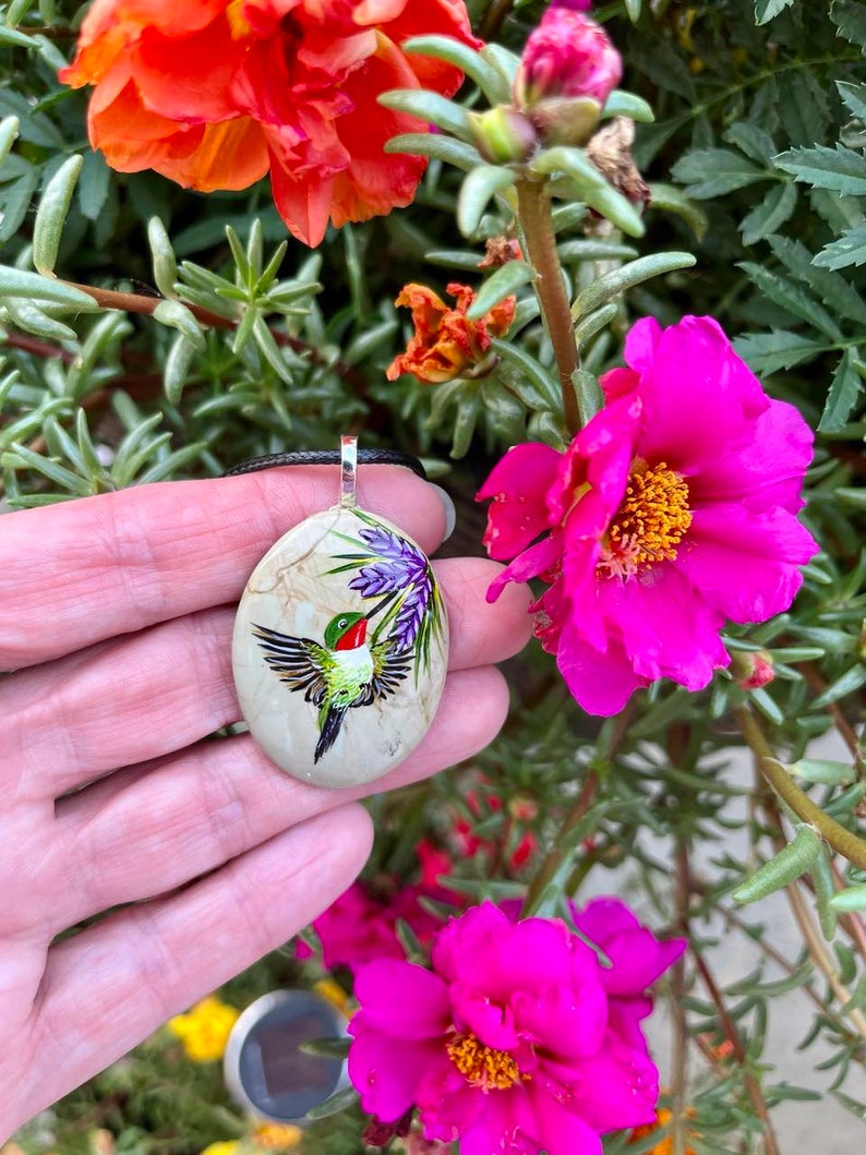 Hummingbird necklace, Painted pebble rock, Nature stone jewelry, Summer accessory, Colorful wildflower, Bird pendant, Garden lover gift image 9