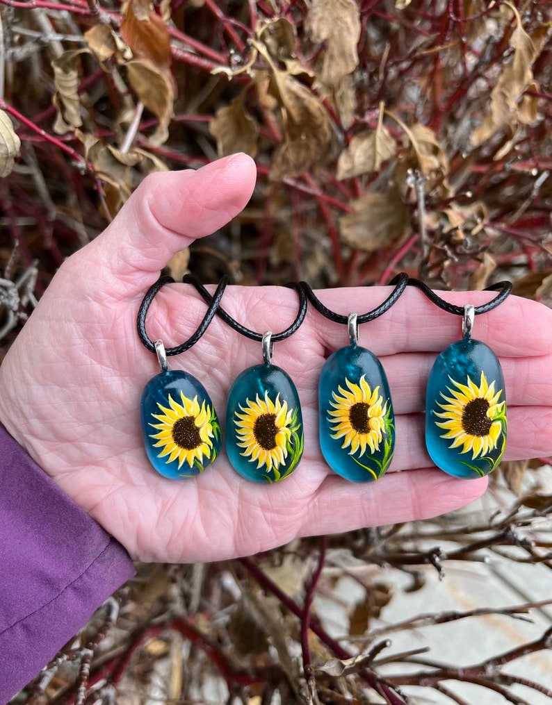Sunflower necklace, Floral accessory, Sea glass jewelry, Hand painted pendant, Garden gift, Cottagecore fashion, Nature lover gift image 3