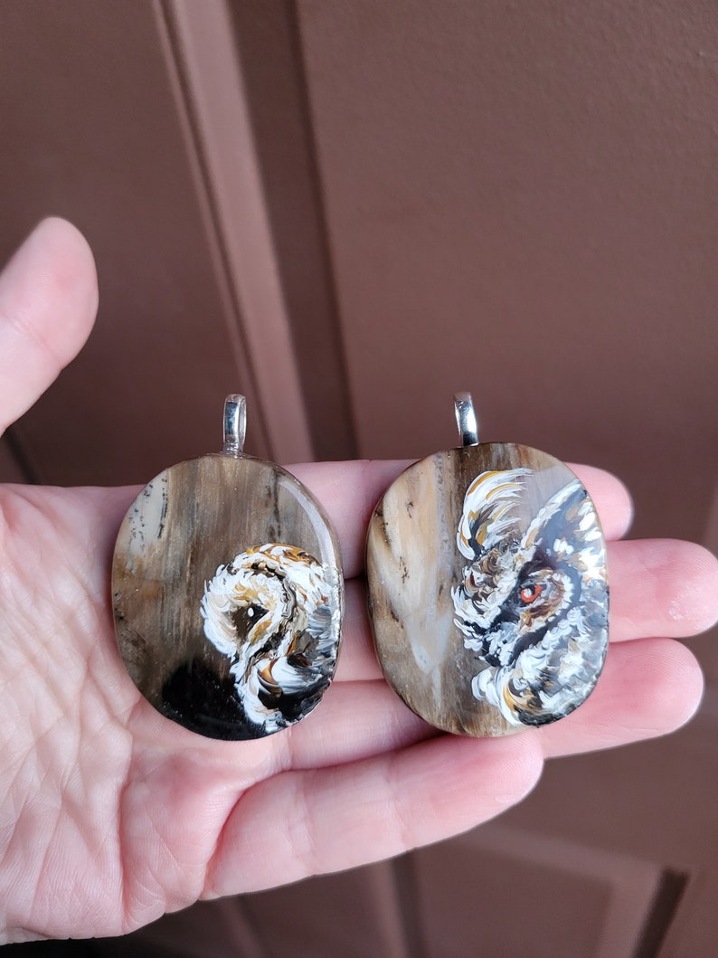 Owl necklace, Owl gift, Hand painted rock, Earth tone, Spirit animal, Rustic boho jewelry, Petrified wood, Nature necklace image 5