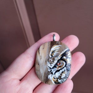 Owl necklace, Owl gift, Hand painted rock, Earth tone, Spirit animal, Rustic boho jewelry, Petrified wood, Nature necklace image 2