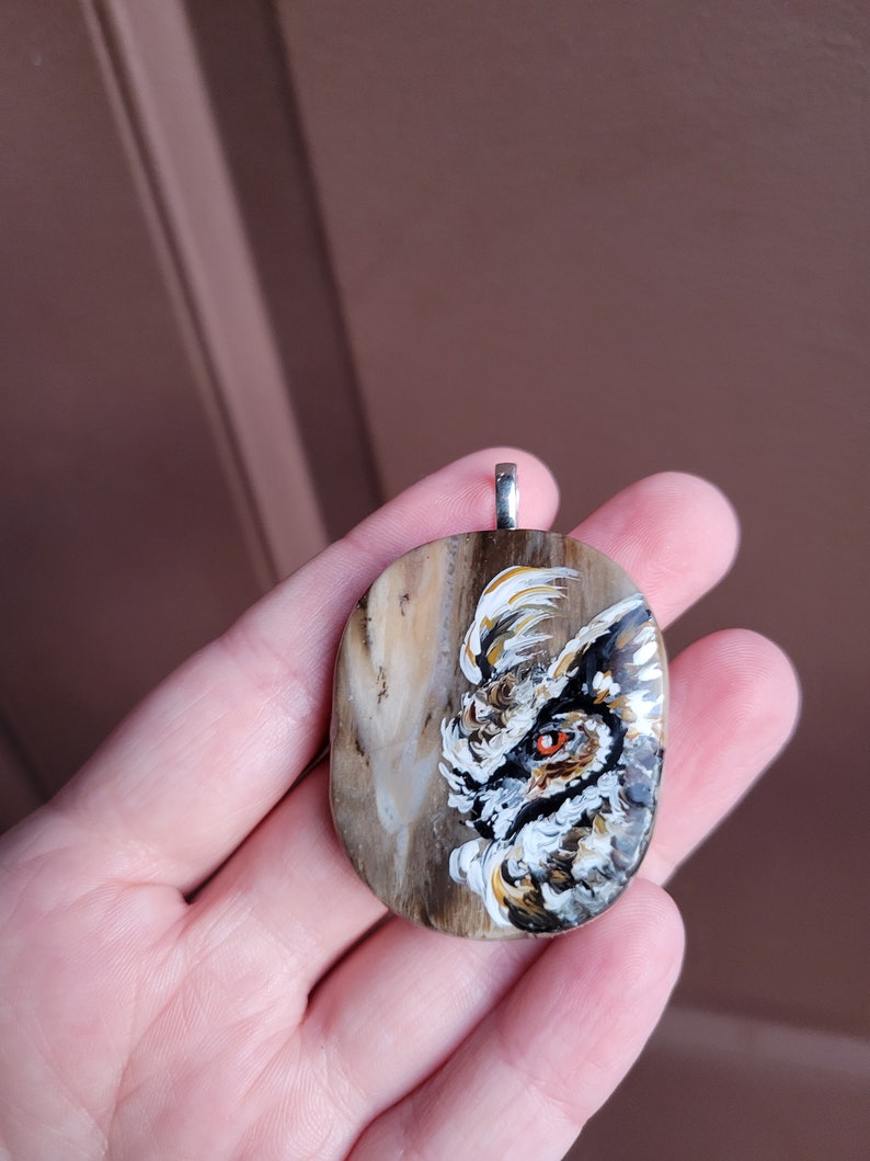 Owl necklace, Owl gift, Hand painted rock, Earth tone, Spirit animal, Rustic boho jewelry, Petrified wood, Nature necklace image 2