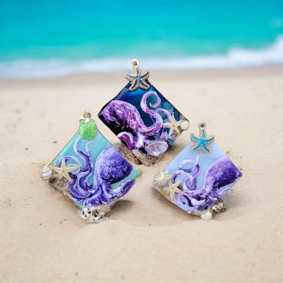 Octopus Necklace Sea Glass Jewelry Hand Painted Pendant Ocean Creature Beach Accessory Tropical Surf Outfit Nautical Charm Etsy