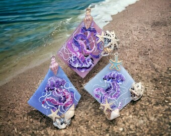 Jellyfish necklace, Hand painted pendant, Sea glass jewelry, Ocean creatures, Marine animal, Beach accessory, Tropical surfer gift