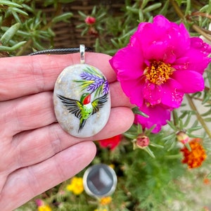 Hummingbird necklace, Painted pebble rock, Nature stone jewelry, Summer accessory, Colorful wildflower, Bird pendant, Garden lover gift image 3