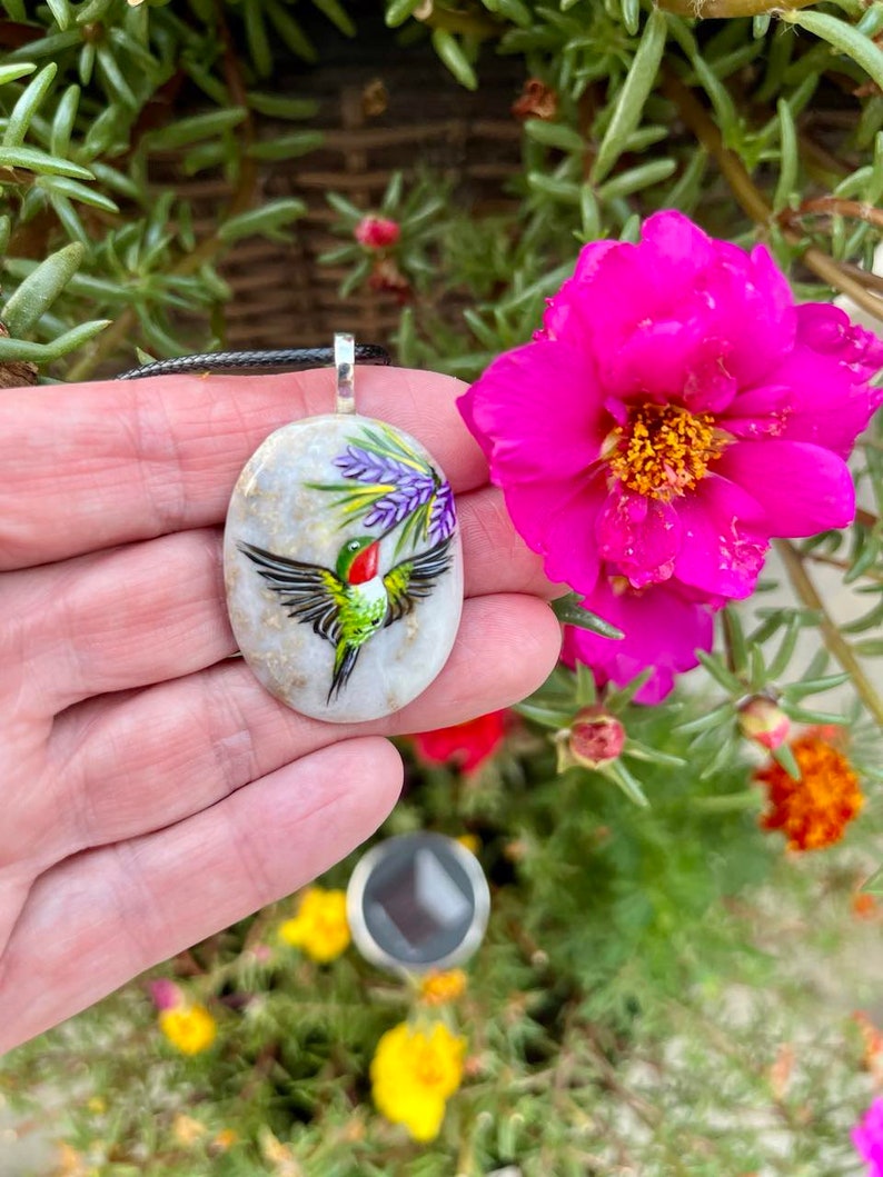 Hummingbird necklace, Painted pebble rock, Nature stone jewelry, Summer accessory, Colorful wildflower, Bird pendant, Garden lover gift image 3