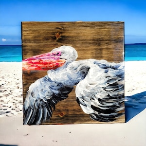 Peinture pélican, oeuvre d'art murale en bois, décoration de maison sur un lac, décoration de salle de bain, cabane de chalet de plage, vacances sur la côte, cadeau pour ornithologue amateur