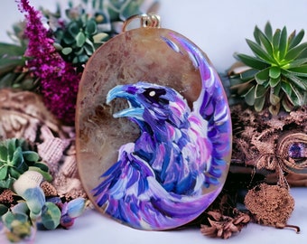 Raven necklace, Hand painted rock, Gothic accessory, Crow bird pendant, Amethyst stone crystal, Nature lover gift