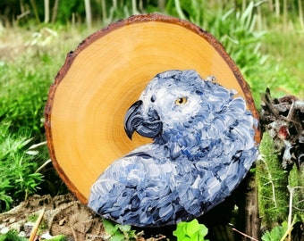 Perroquet gris d'Afrique, portrait d'oiseau de compagnie, art mural en bois bord vivant, chalet rustique, animal exotique, décoration tropicale, accent peint à la main