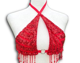 Red Sequin Rave Top with Crystal Fringe – Festival Triangle Beaded Bralette – Ruby Top