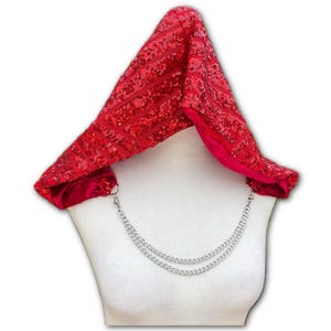 Rubinröd paljetthuva - Kedja med glittriga festival-ravehuvor