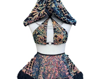Iridescent Multicolor & Black Sequin Rave Outfit with Feather Trim – EDM Festival Skirt Set – Garden Noir Set
