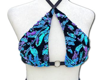 Turquoise & Lilac Sequin Rave Top – Festival Triangle Bralette – Enchanted Orchid Top