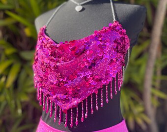 Hot Pink Sequin Festival Top / Festival Bra/ Chain Top/ Iridescent Sequins/ Festival Outfit/ Beaded Top/ Hot Pink Sequin Top/ Rave Top