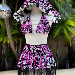 Cosmic Rose Hot Pink Sequin Fringe Skirt Set w/ Chain Sequin/Fur Hood
