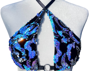 Iridescent Blue & Silver Sequin Rave Top – Festival Triangle Bralette – Moonlit Top