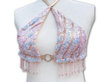 Top rosa iridescente + beige con perline e reggiseno a bralette con anello a O e paillettes, perfetto per festival e rave.