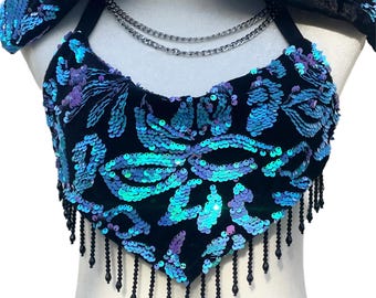 Turquoise & Lilac Sequin Rave Top with Crystal Fringe – Festival Beaded Crop Top – Enchanted Orchid Top