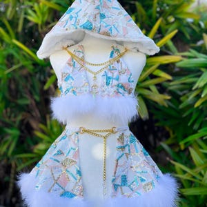 Iridescent Gemstones Set- Iridescent White Sequin Feather Festival Rave Skirt Set w/ Chain Fur Hood