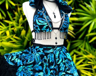 O-Ring Blue Black Sequin & Feather Festival Outfit/Blue Velvet Rave Outfit/ Skirt Set/ Costume/ Dance Outfit/Sequin Set/ Rave Hood