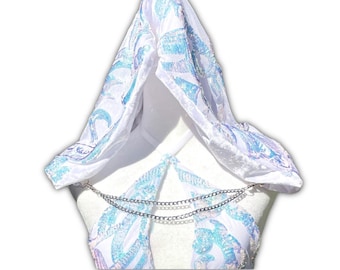 Iridescent White Sequin Festival Hood with Chain Detail – Sequin Ravewear – Crystalline Hood