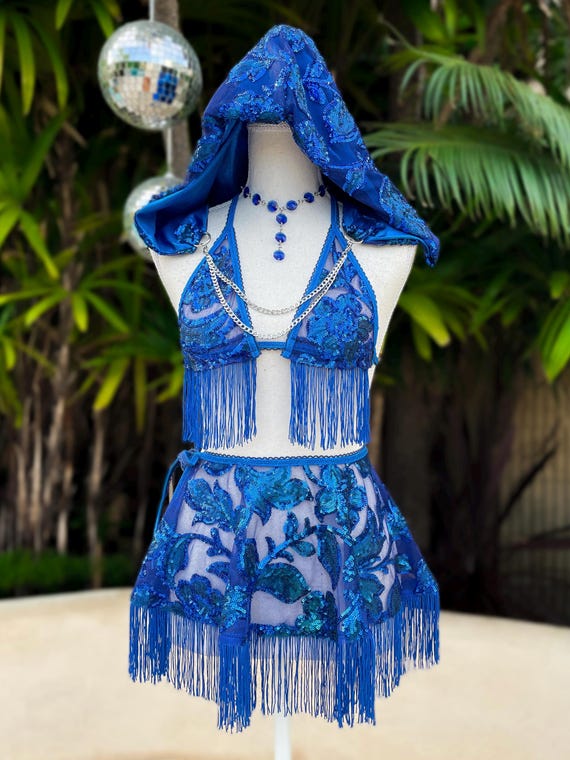 blue festival dress Royal Sequin Rave Outfit With Fringe Trim – EDM Skirt Set Color:Yellow Floral