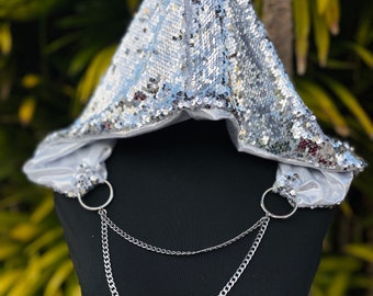 Light Silver Sequin Rave Hood/Chain Hood/ Black Festival Hood/ Rave Hood/ Sequin Hood/ Cosplay Hood/Sequin Halloween Costume/Wizard Hood/