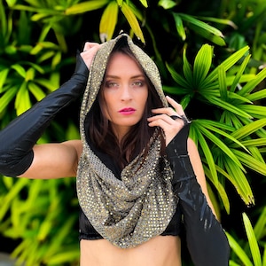 Dripping in Gold Rave Hood/Festival Shawl/ Festival Hood/ Sequin Hoodie/ Boho Hood/Black and Gold/ Burning Man