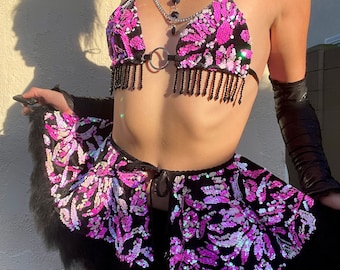 O-Ring Pink Black Sequin & Feather Festival Outfit/Pink Velvet Rave Outfit/ Skirt Set/ Costume/ Dance Outfit/Sequin Set/ Rave Hood
