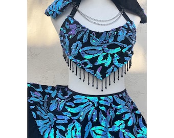 Turquoise & Lilac Sequin Rave Outfit with Crystal and Feather Trim – EDM Festival Skirt Set – Enchanted Orchid Set