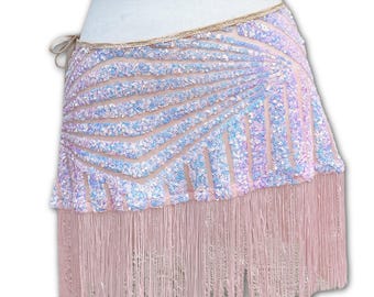 Iridescent Pink + Beige Fringe Mini Skirt- Sequin Festival Rave Side Tie Skirt
