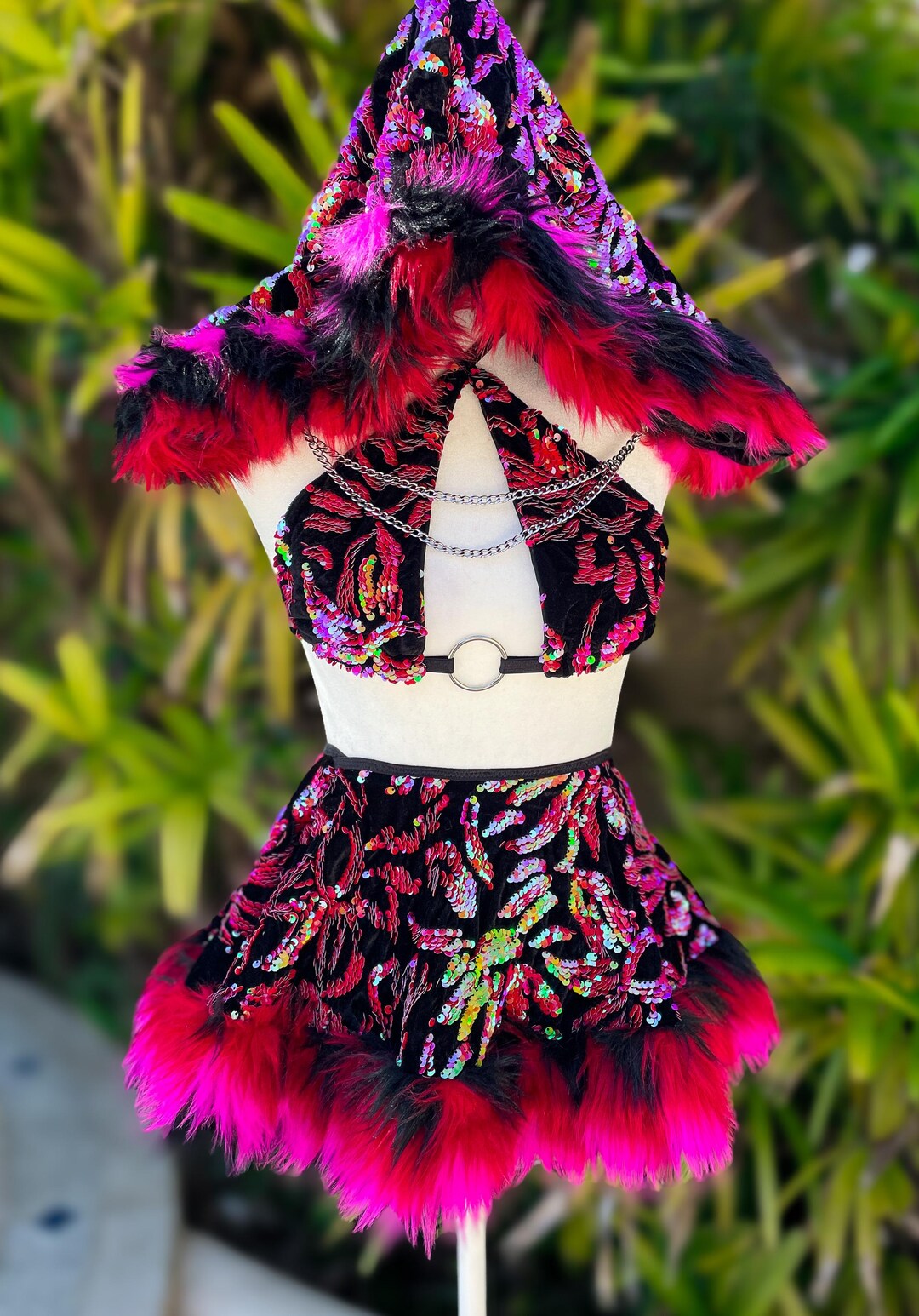 Fur Raves Scarlet Bloom Furry Set- Iridescent Red/magenta Sequin Festival Rave ...