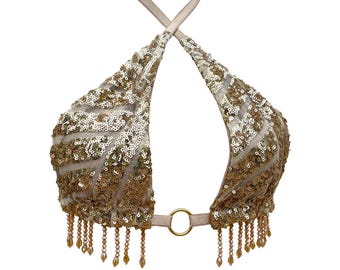 Gold Sequin Rave Top with Crystal Fringe – Festival Triangle Beaded Bralette – Gold Dust Top
