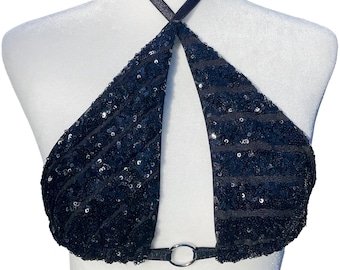 Black Sequin Rave Top – Festival Triangle Bralette – Dark Disco Top