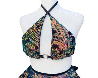 Iridescent Multicolor & Black Sequin Rave Top– Festival Triangle Bralette – Garden Noir Top