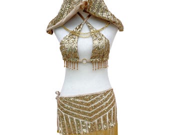 Gold Sequin Rave Outfit with Crystal & Fringe Trim – EDM Festival Skirt Set – Gold Dust Set