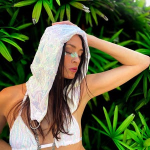 Iridescent White Sequin Festival Hood/ Rave Hood/ Sequin Hood/ Cosplay Hood/Sequin Costume