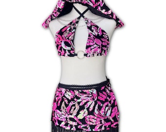 Iridescent Hot Pink Sequin Rave Outfit with Fringe Trim – EDM Festival Skirt Set – Cosmic Rose Set